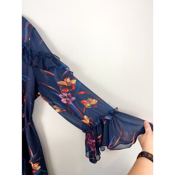 C Wonder Christian Siriano Mock Neck Ruffle Detail Dress 2X Blue Floral NWT - Picture 7 of 10